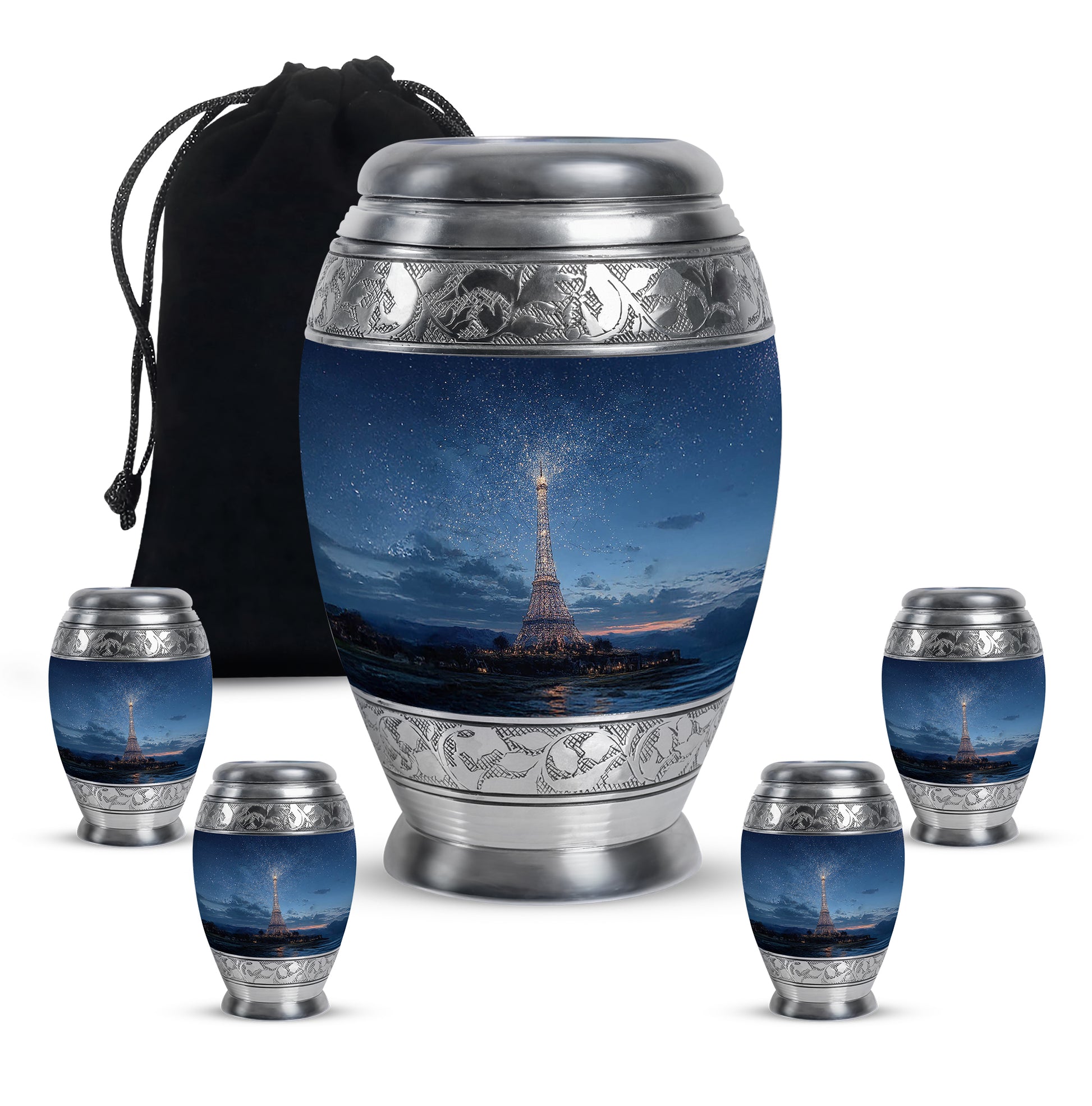 Steel Blue Eiffel Tower Cremation Urn detail view - royal eiffel tower engraving with decorative scrollwork - memorial set with one large and four small urns