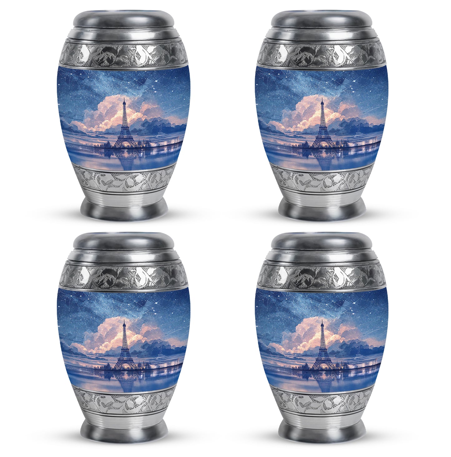 Pastel Blue Eiffel Tower Cremation Urn urn with complimentary velvet bag - regal eiffel tower design with crown-inspired accents - 10 inch aluminum urn for cremated remains