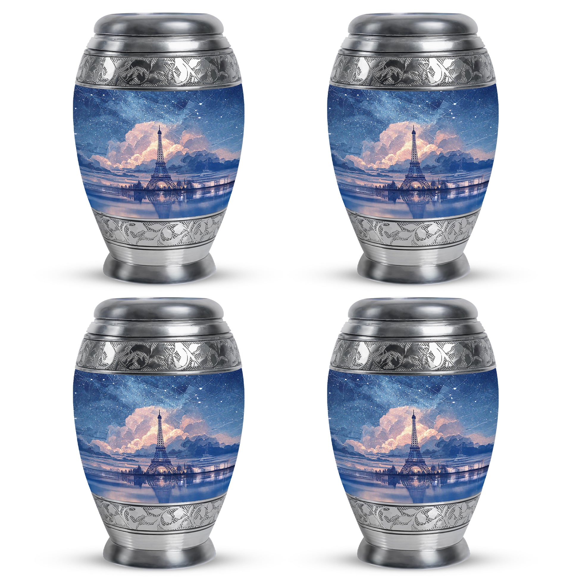 Pastel Blue Eiffel Tower Cremation Urn urn with complimentary velvet bag - regal eiffel tower design with crown-inspired accents - 10 inch aluminum urn for cremated remains