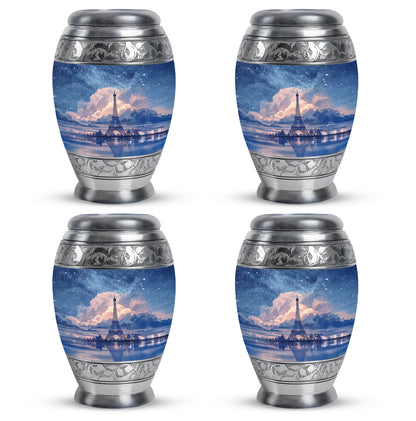 Pastel Blue Eiffel Tower Cremation Urn urn with complimentary velvet bag - regal eiffel tower design with crown-inspired accents - 10 inch aluminum urn for cremated remains