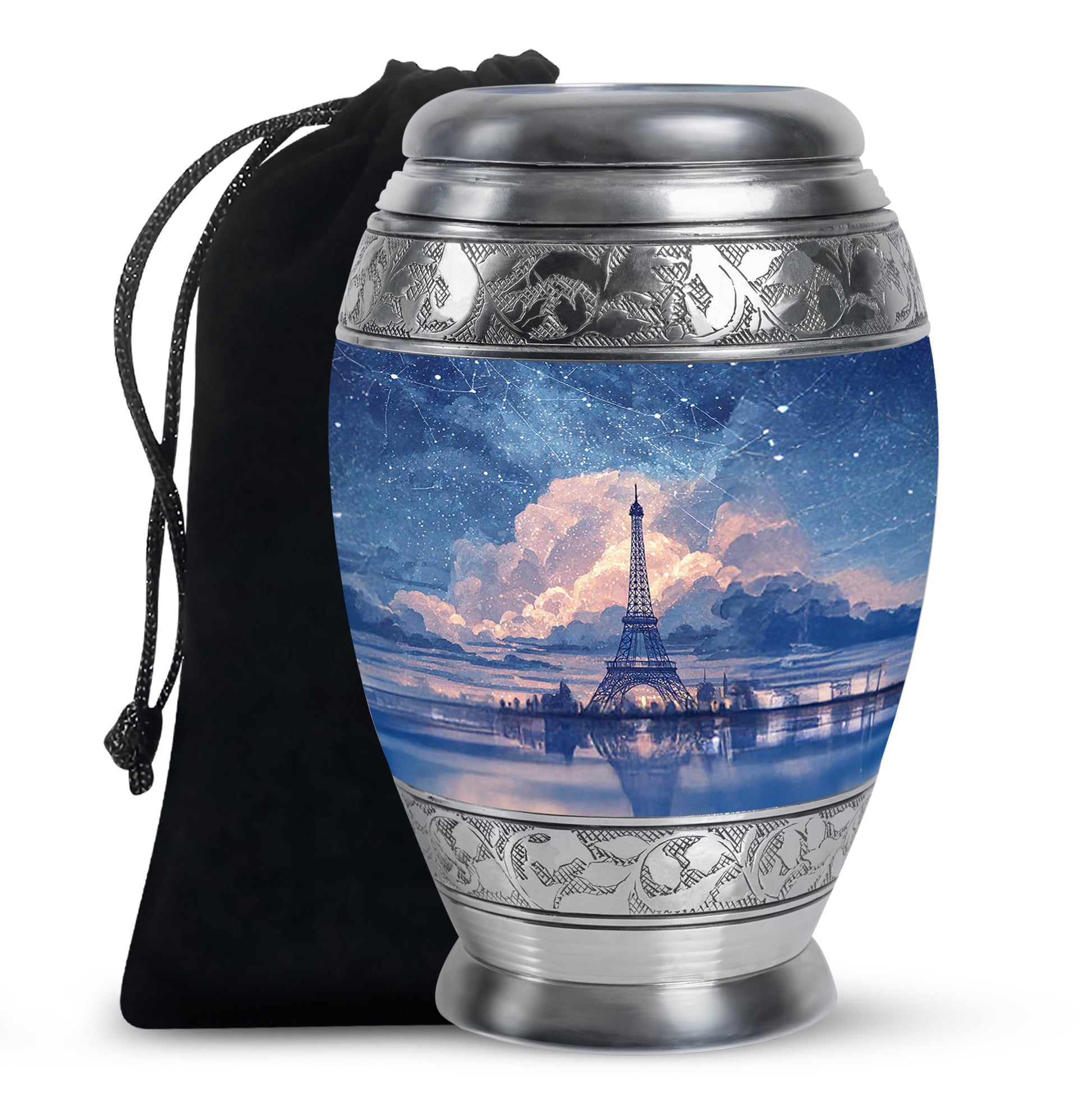 Vivid Blue Eiffel Tower Cremation Urn back view with polished surface - royal eiffel tower engraving with decorative scrollwork - full-size 10 inch 200 cubic inch adult cremation urn