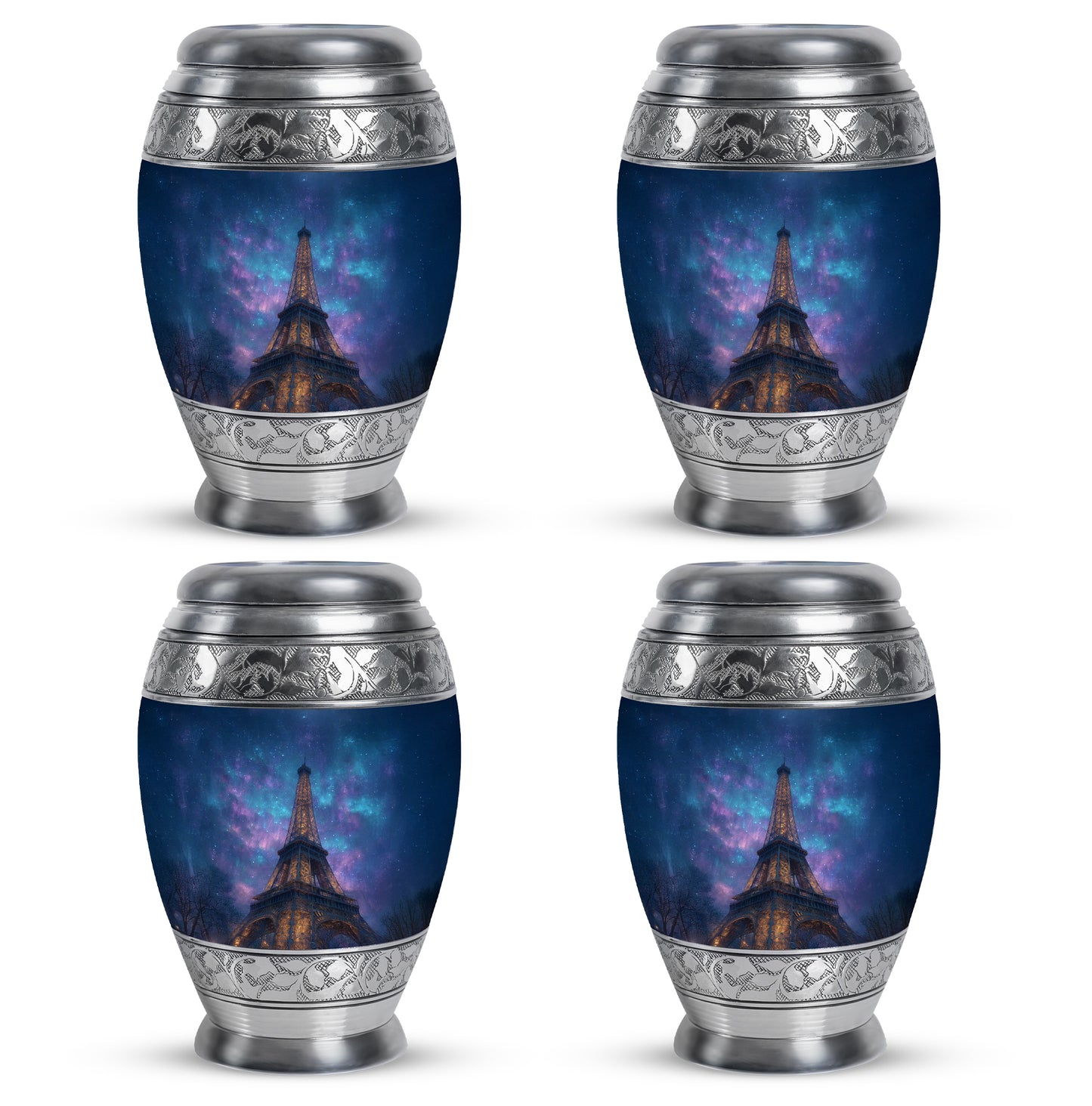 Misty Blue Eiffel Tower Cremation Urn urn with complimentary velvet bag - regal eiffel tower design with crown-inspired accents - 10 inch aluminum urn for cremated remains