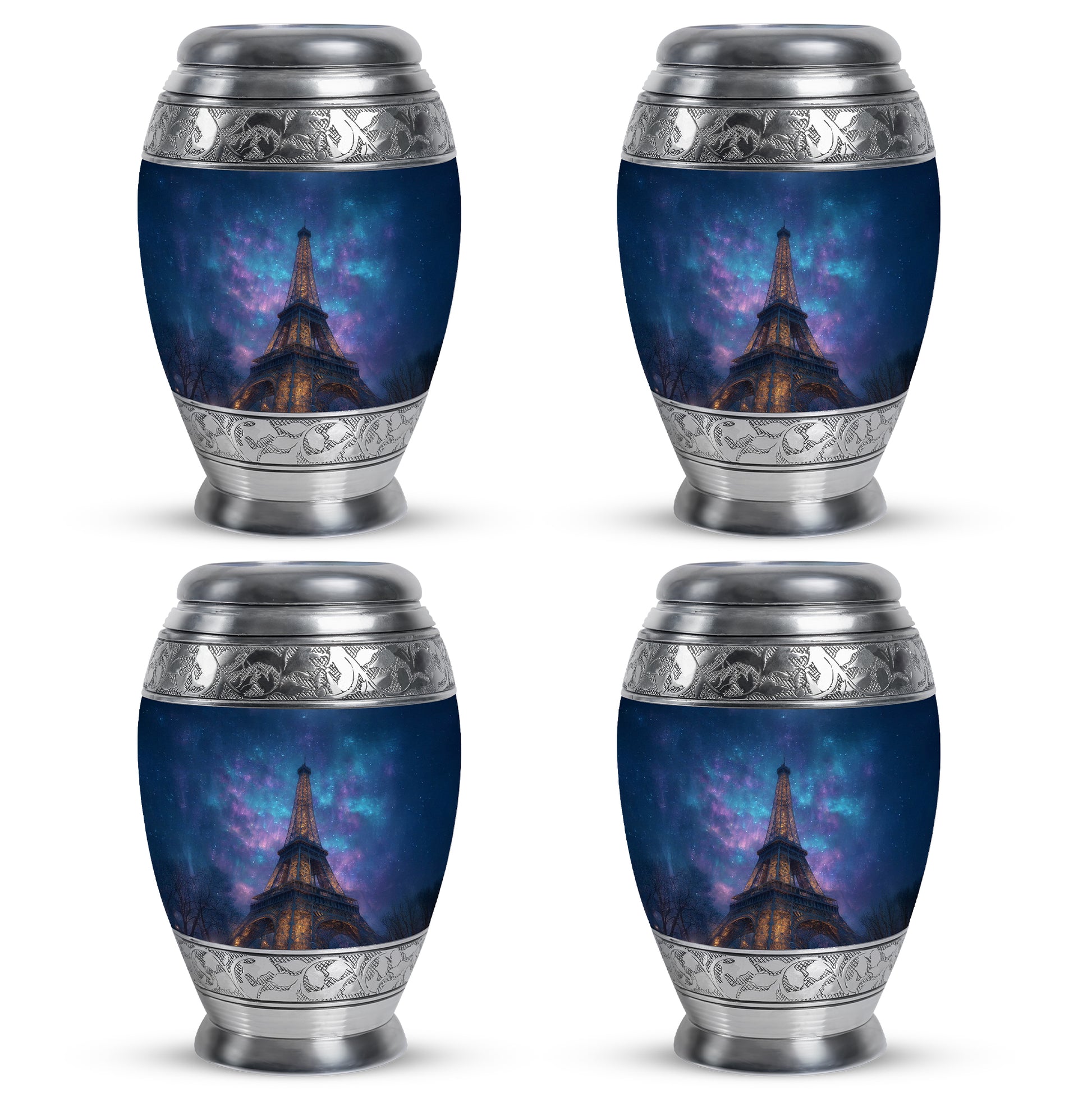 Misty Blue Eiffel Tower Cremation Urn urn with complimentary velvet bag - regal eiffel tower design with crown-inspired accents - 10 inch aluminum urn for cremated remains