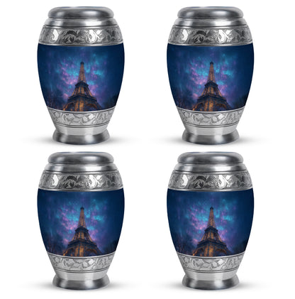 Misty Blue Eiffel Tower Cremation Urn urn with complimentary velvet bag - regal eiffel tower design with crown-inspired accents - 10 inch aluminum urn for cremated remains