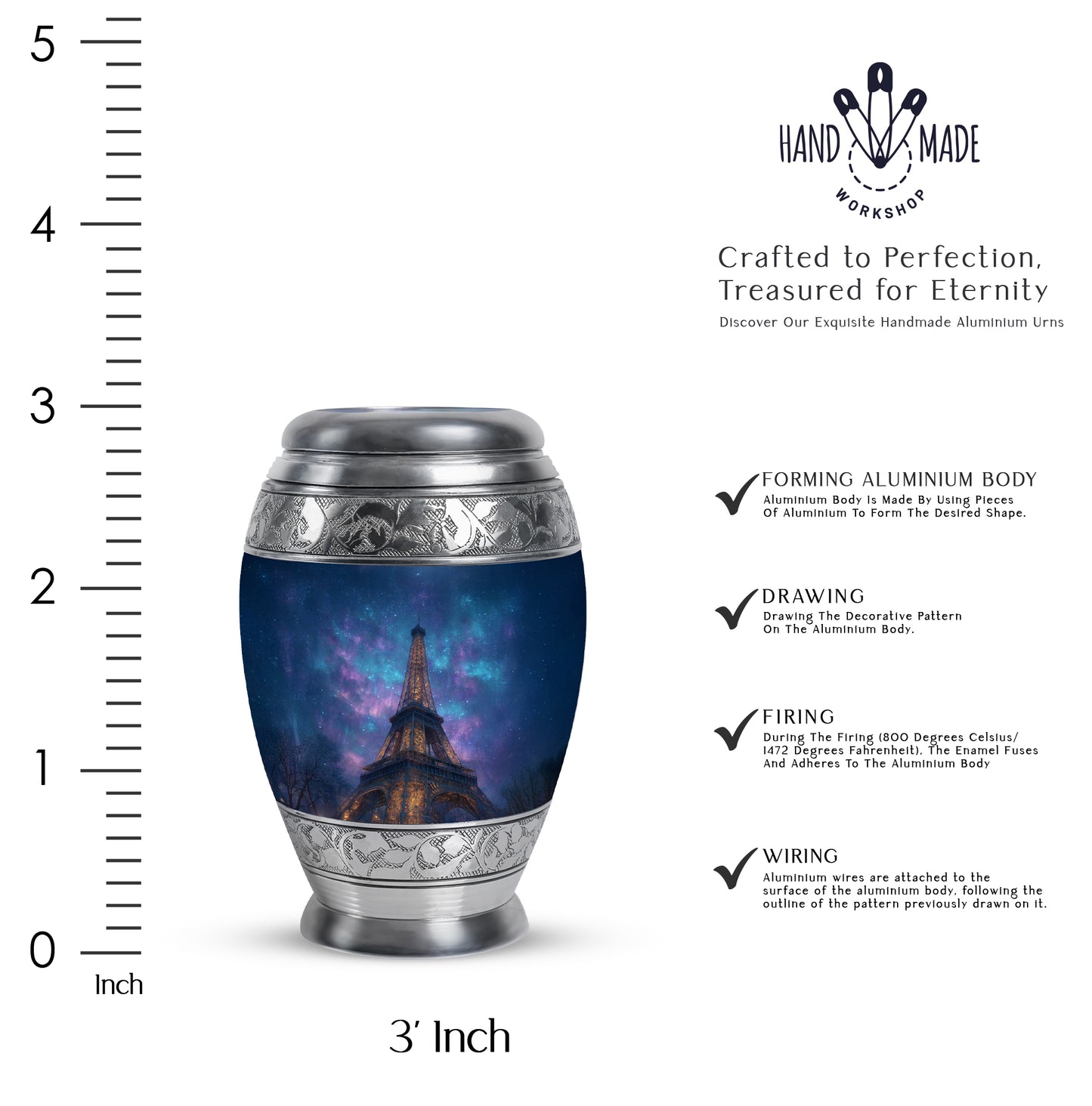 Soft Blue Eiffel Tower Cremation Urn lifestyle display on memorial shelf - majestic eiffel tower pattern with filigree border - mini keepsake memorial for portion of cremation ashes