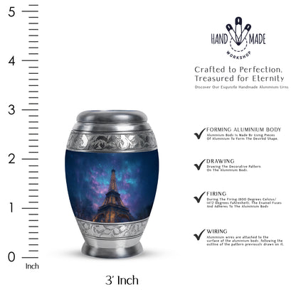 Soft Blue Eiffel Tower Cremation Urn lifestyle display on memorial shelf - majestic eiffel tower pattern with filigree border - mini keepsake memorial for portion of cremation ashes