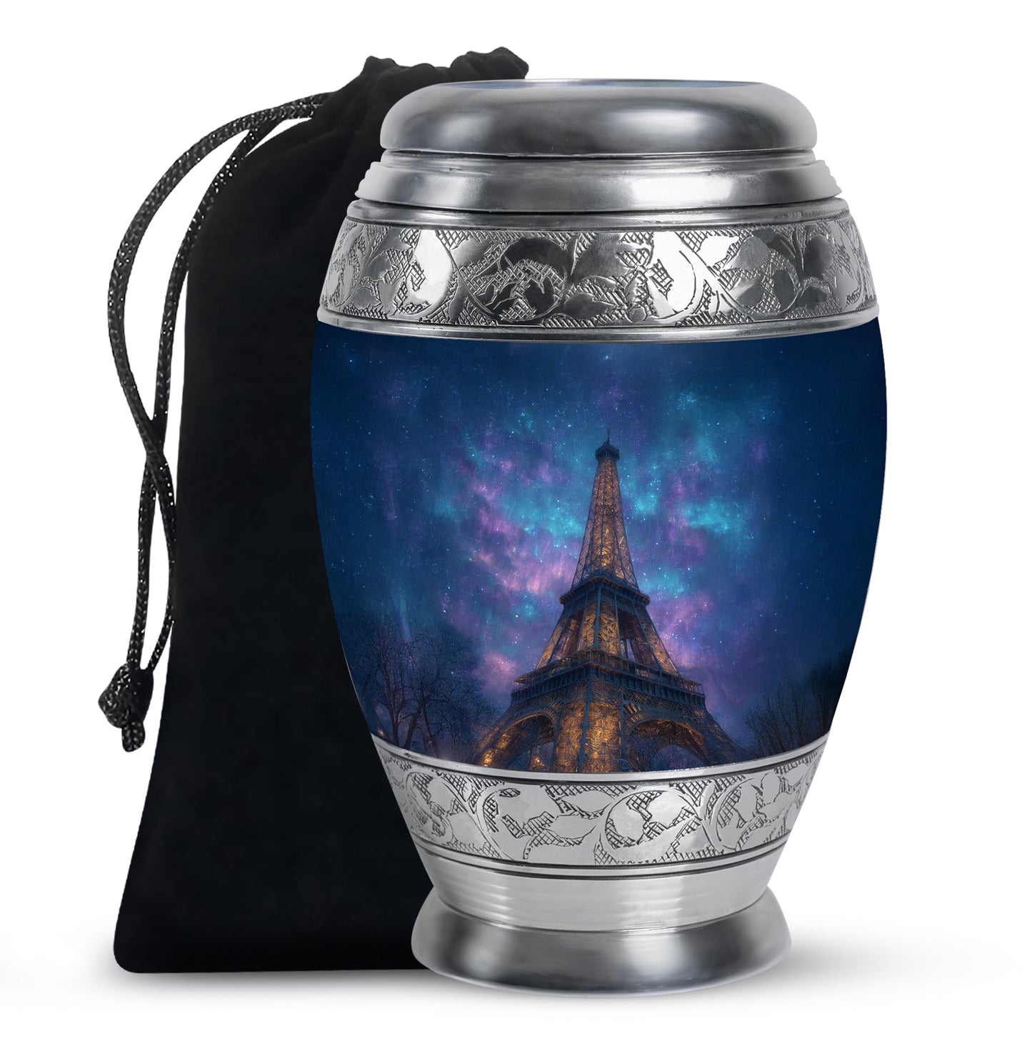 Slate Blue Eiffel Tower Cremation Urn back view with polished surface - ornate monarch-style eiffel tower relief on brushed aluminum - full-size 10 inch 200 cubic inch adult cremation urn