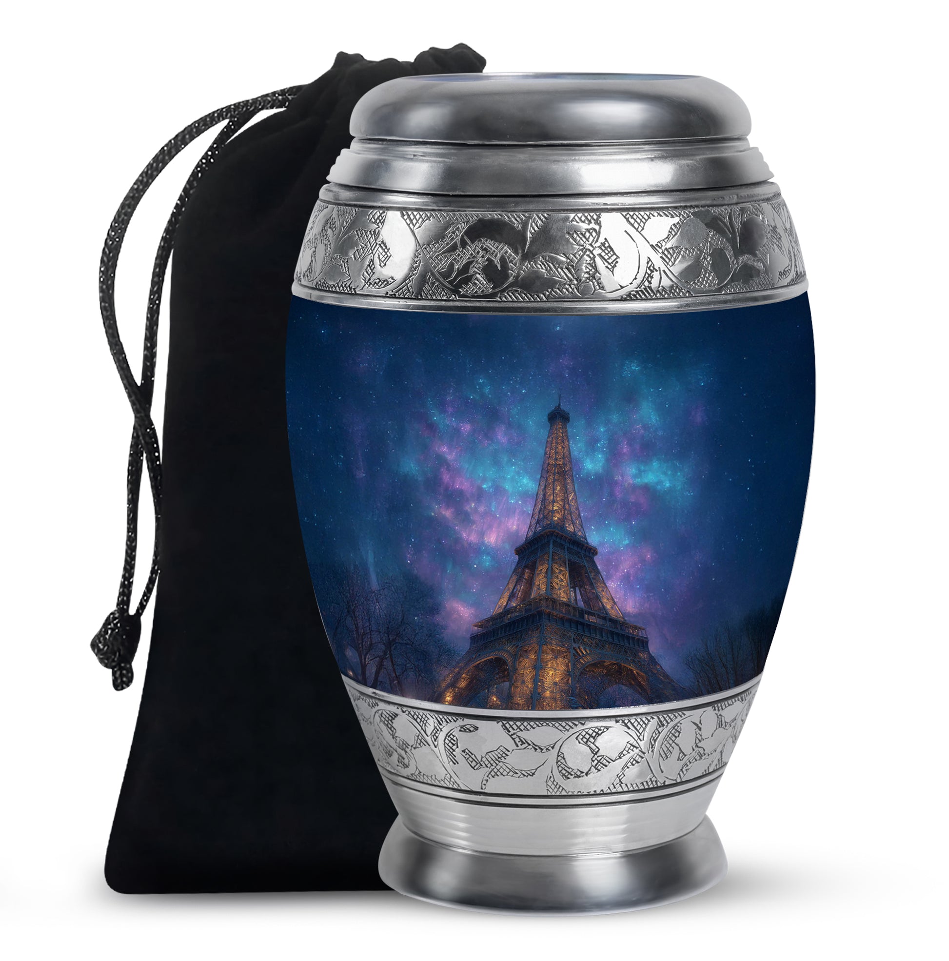 Slate Blue Eiffel Tower Cremation Urn back view with polished surface - ornate monarch-style eiffel tower relief on brushed aluminum - full-size 10 inch 200 cubic inch adult cremation urn