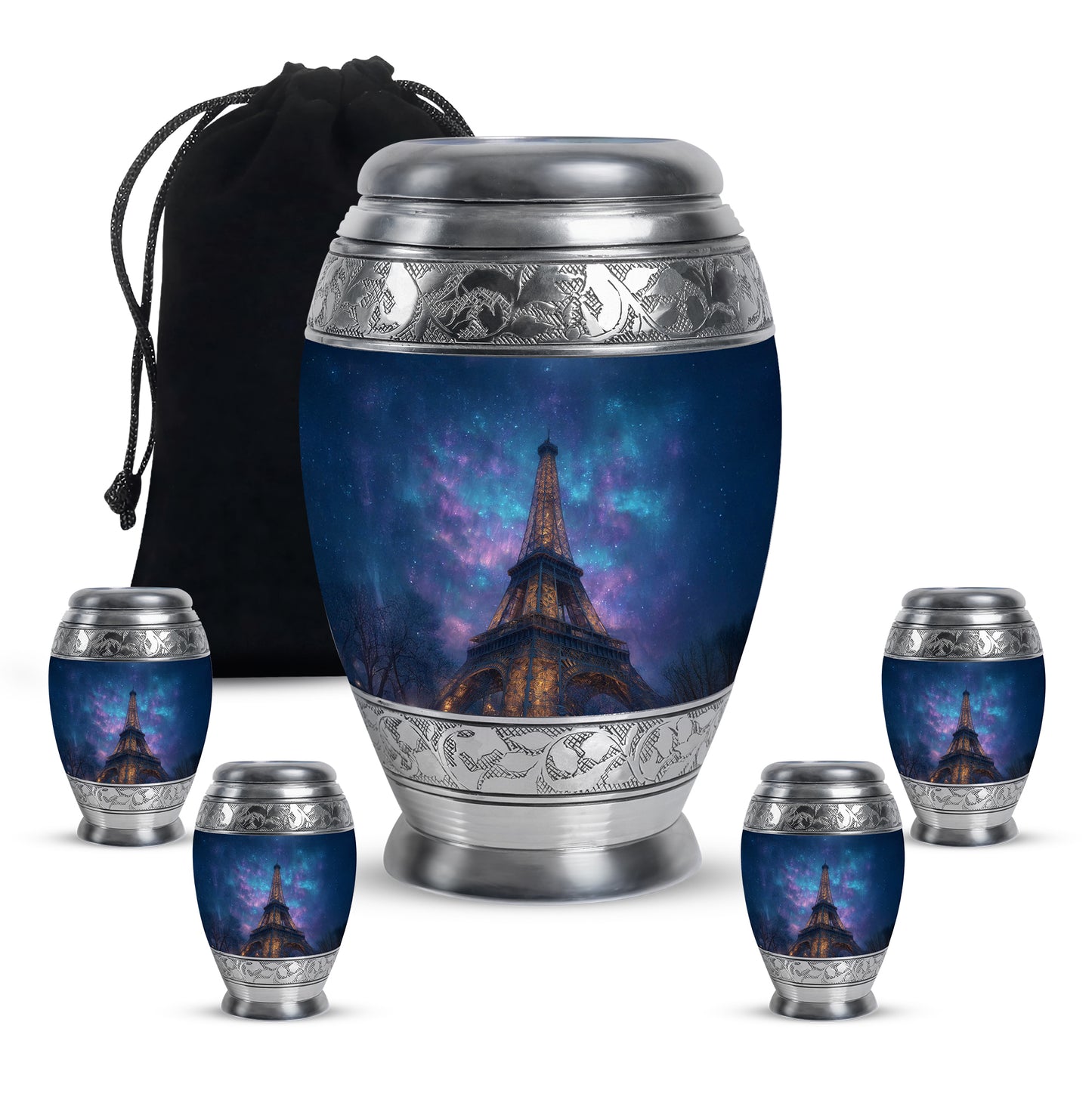 Serene Blue Eiffel Tower Cremation Urn detail view - royal eiffel tower engraving with decorative scrollwork - memorial set with one large and four small urns