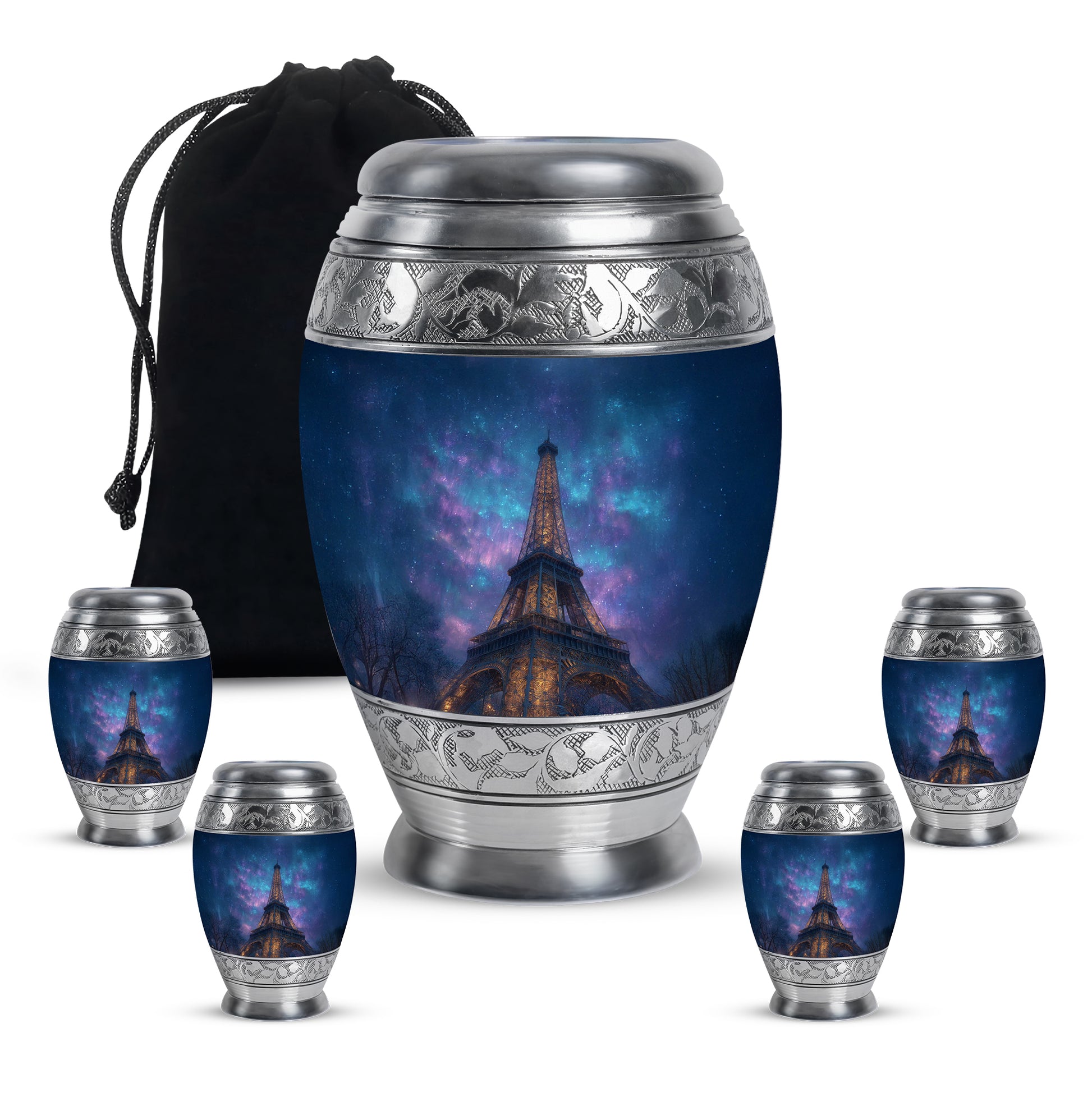 Serene Blue Eiffel Tower Cremation Urn detail view - royal eiffel tower engraving with decorative scrollwork - memorial set with one large and four small urns