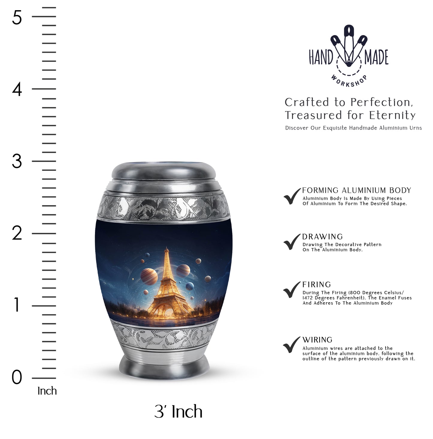 Powder Blue Eiffel Tower Cremation Urn lifestyle display on memorial shelf - ornate monarch-style eiffel tower relief on brushed aluminum - mini keepsake memorial for portion of cremation ashes