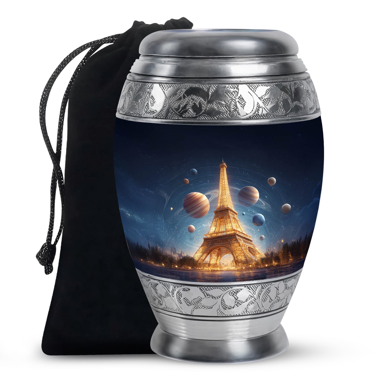 Cobalt Blue Eiffel Tower Cremation Urn back view with polished surface - majestic eiffel tower pattern with filigree border - full-size 10 inch 200 cubic inch adult cremation urn