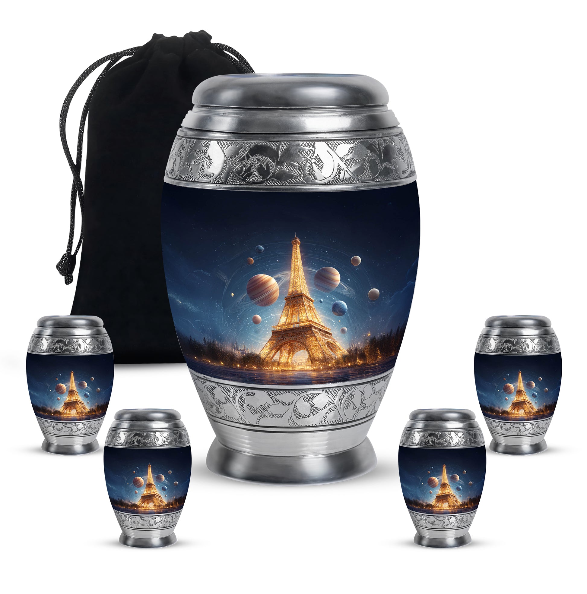Azure Eiffel Tower Cremation Urn detail view - regal eiffel tower design with crown-inspired accents - memorial set with one large and four small urns