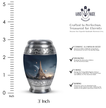 Azure Eiffel Tower Cremation Urn lifestyle display on memorial shelf - ornate monarch-style eiffel tower relief on brushed aluminum - mini keepsake memorial for portion of cremation ashes
