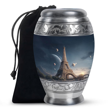 Sky Blue Eiffel Tower Cremation Urn back view with polished surface - ornate monarch-style eiffel tower relief on brushed aluminum - full-size 10 inch 200 cubic inch adult cremation urn