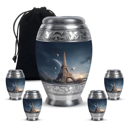 Bright Blue Eiffel Tower Cremation Urn detail view - royal eiffel tower engraving with decorative scrollwork - memorial set with one large and four small urns