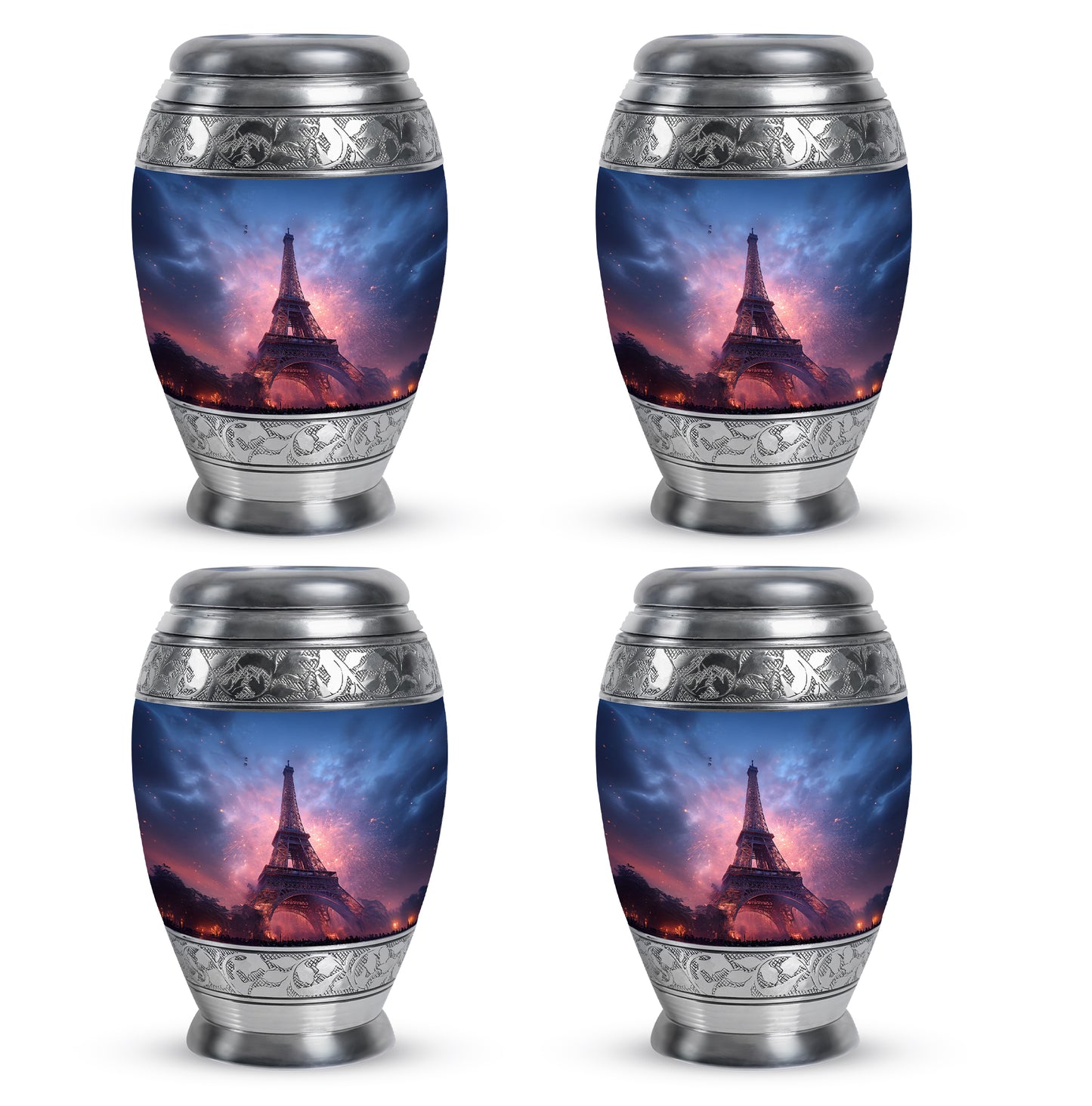 Sky Blue Eiffel Tower Cremation Urn urn with complimentary velvet bag - ornate monarch-style eiffel tower relief on brushed aluminum - 10 inch aluminum urn for cremated remains