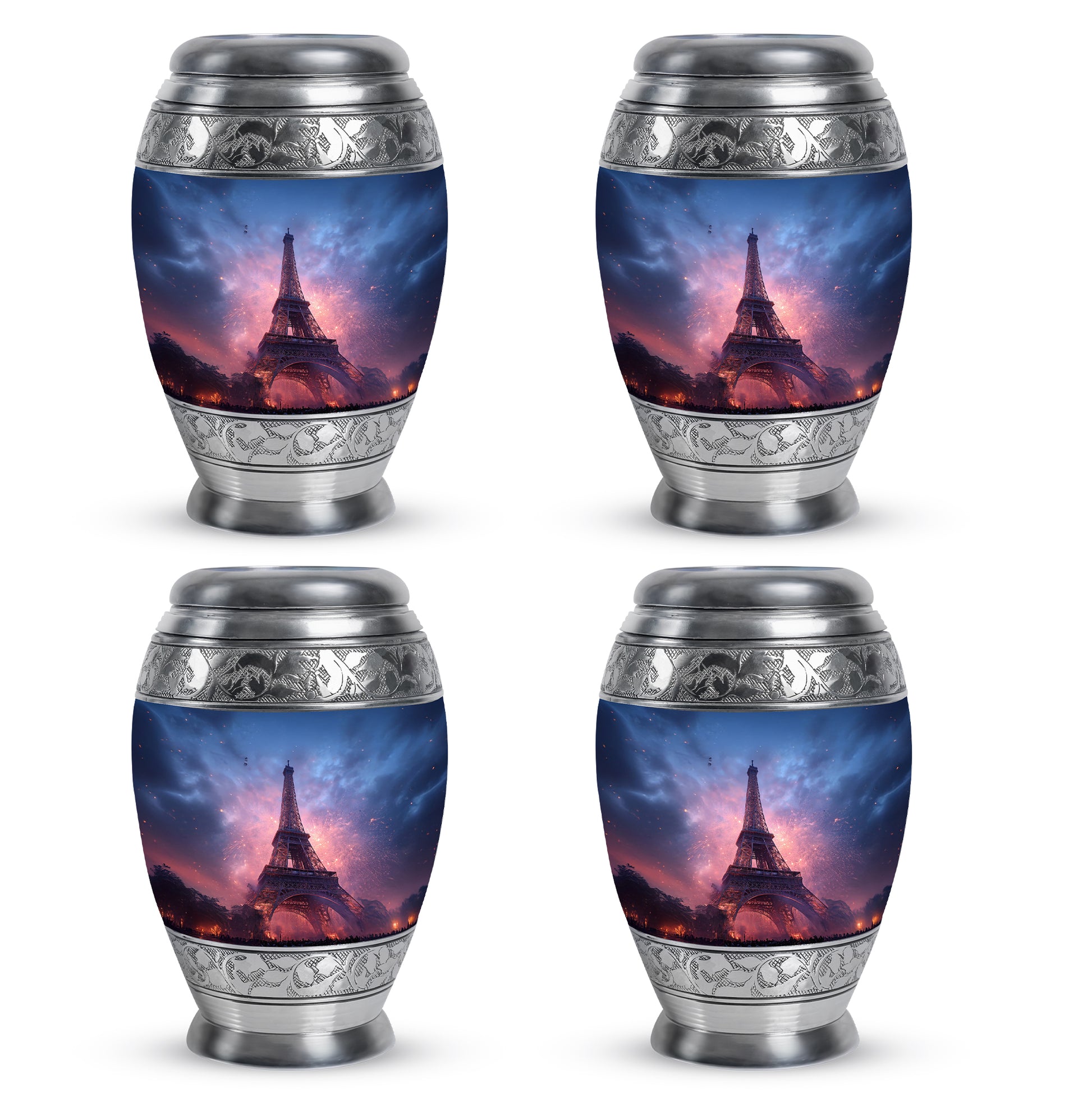 Sky Blue Eiffel Tower Cremation Urn urn with complimentary velvet bag - ornate monarch-style eiffel tower relief on brushed aluminum - 10 inch aluminum urn for cremated remains