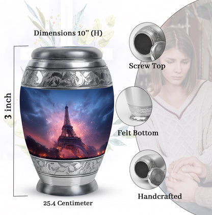 Sky Blue Eiffel Tower Cremation Urn lifestyle display on memorial shelf - regal eiffel tower design with crown-inspired accents - mini keepsake memorial for portion of cremation ashes