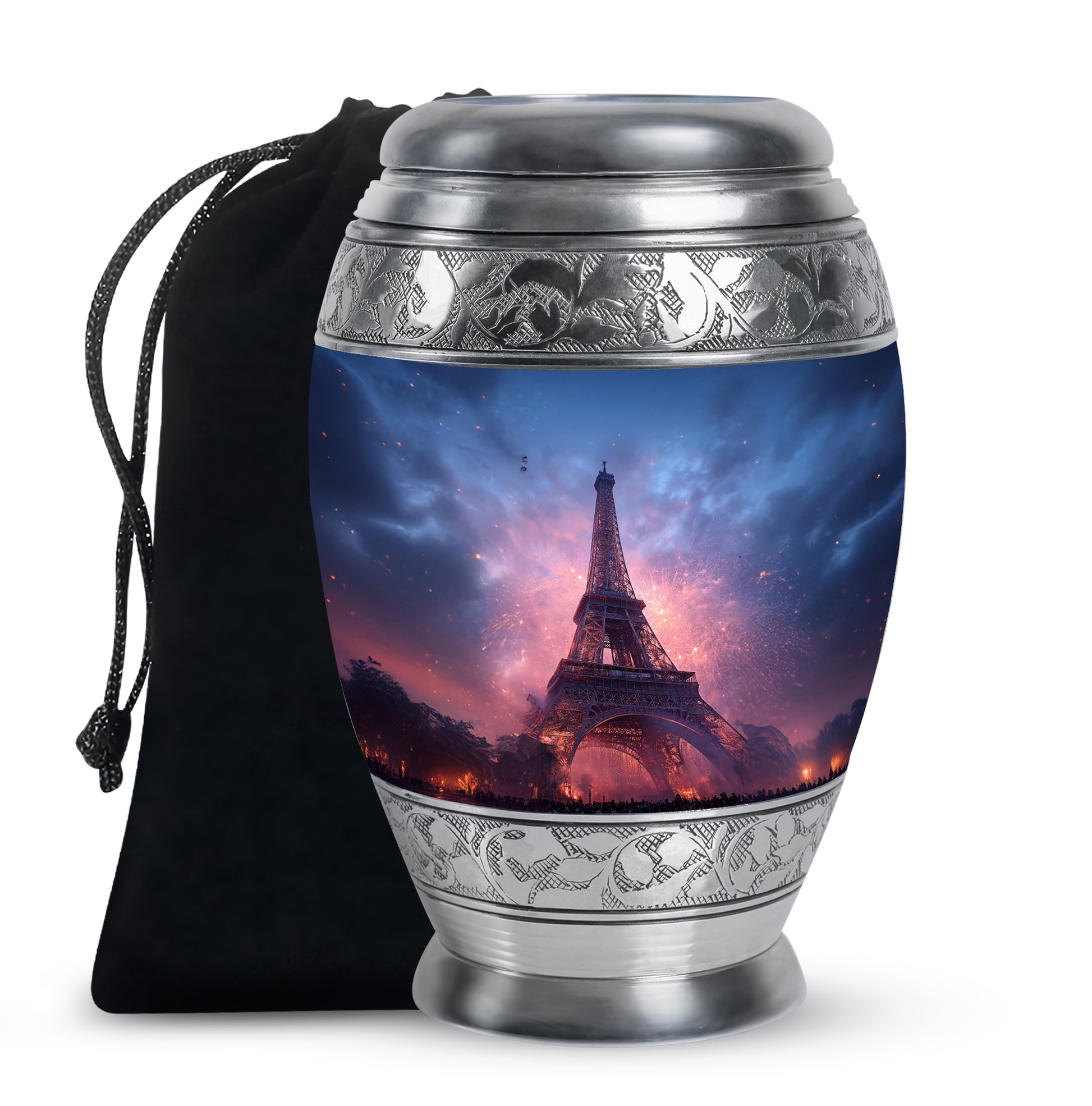 Misty Blue Eiffel Tower Cremation Urn back view with polished surface - ornate monarch-style eiffel tower relief on brushed aluminum - full-size 10 inch 200 cubic inch adult cremation urn