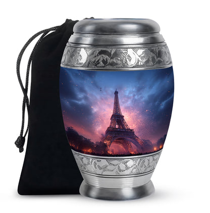Misty Blue Eiffel Tower Cremation Urn back view with polished surface - ornate monarch-style eiffel tower relief on brushed aluminum - full-size 10 inch 200 cubic inch adult cremation urn
