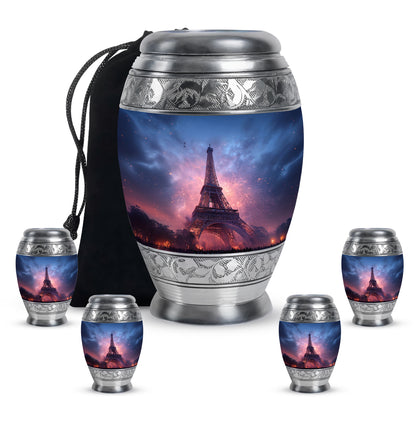Steel Blue Eiffel Tower Cremation Urn detail view - royal eiffel tower engraving with decorative scrollwork - memorial set with one large and four small urns