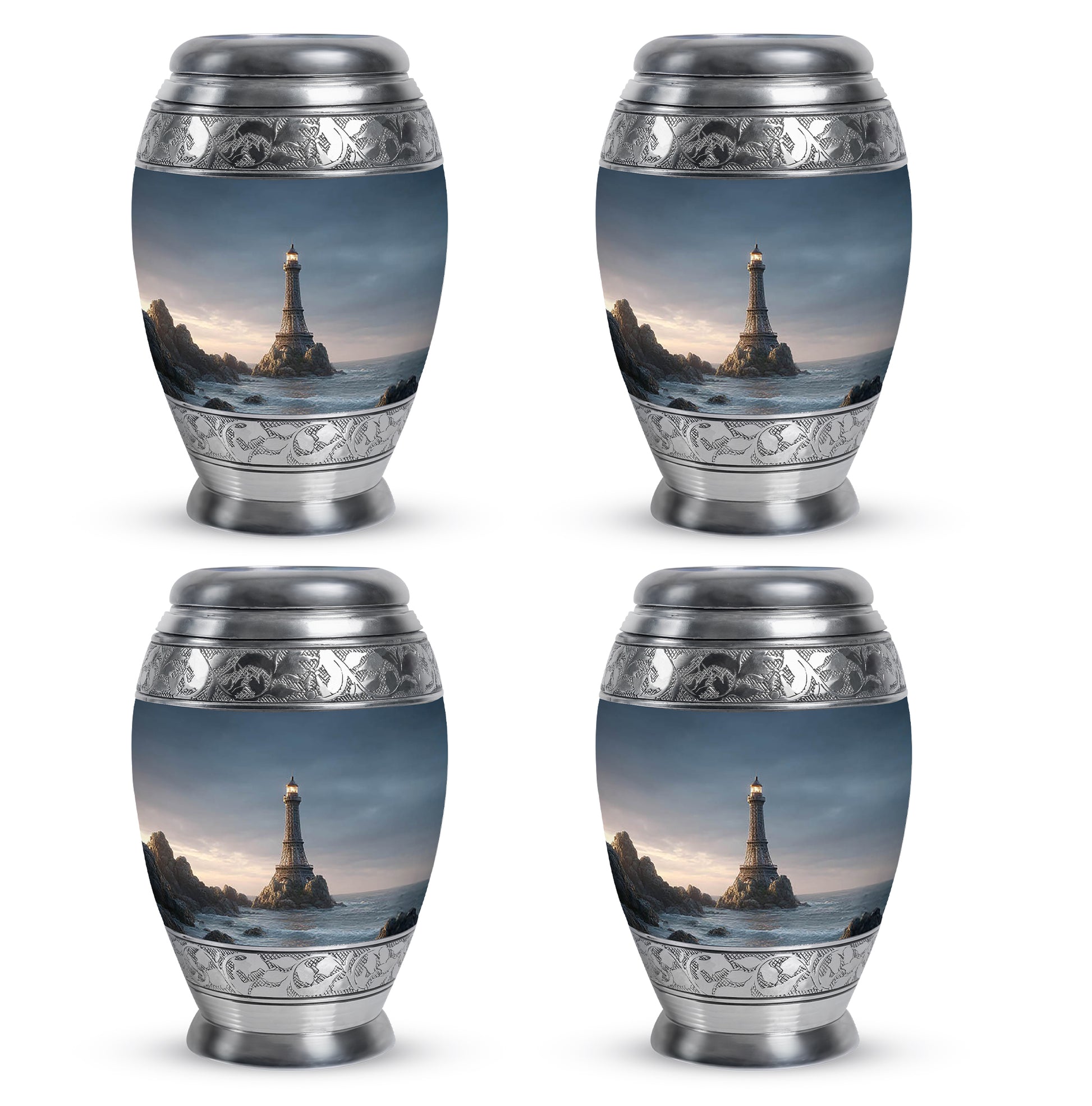Slate Blue Eiffel Tower Cremation Urn urn with complimentary velvet bag - ornate monarch-style eiffel tower relief on brushed aluminum - 10 inch aluminum urn for cremated remains