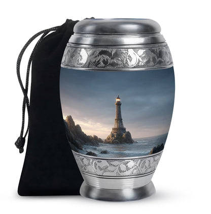 Calming Blue Eiffel Tower Cremation Urn back view with polished surface - royal eiffel tower engraving with decorative scrollwork - full-size 10 inch 200 cubic inch adult cremation urn