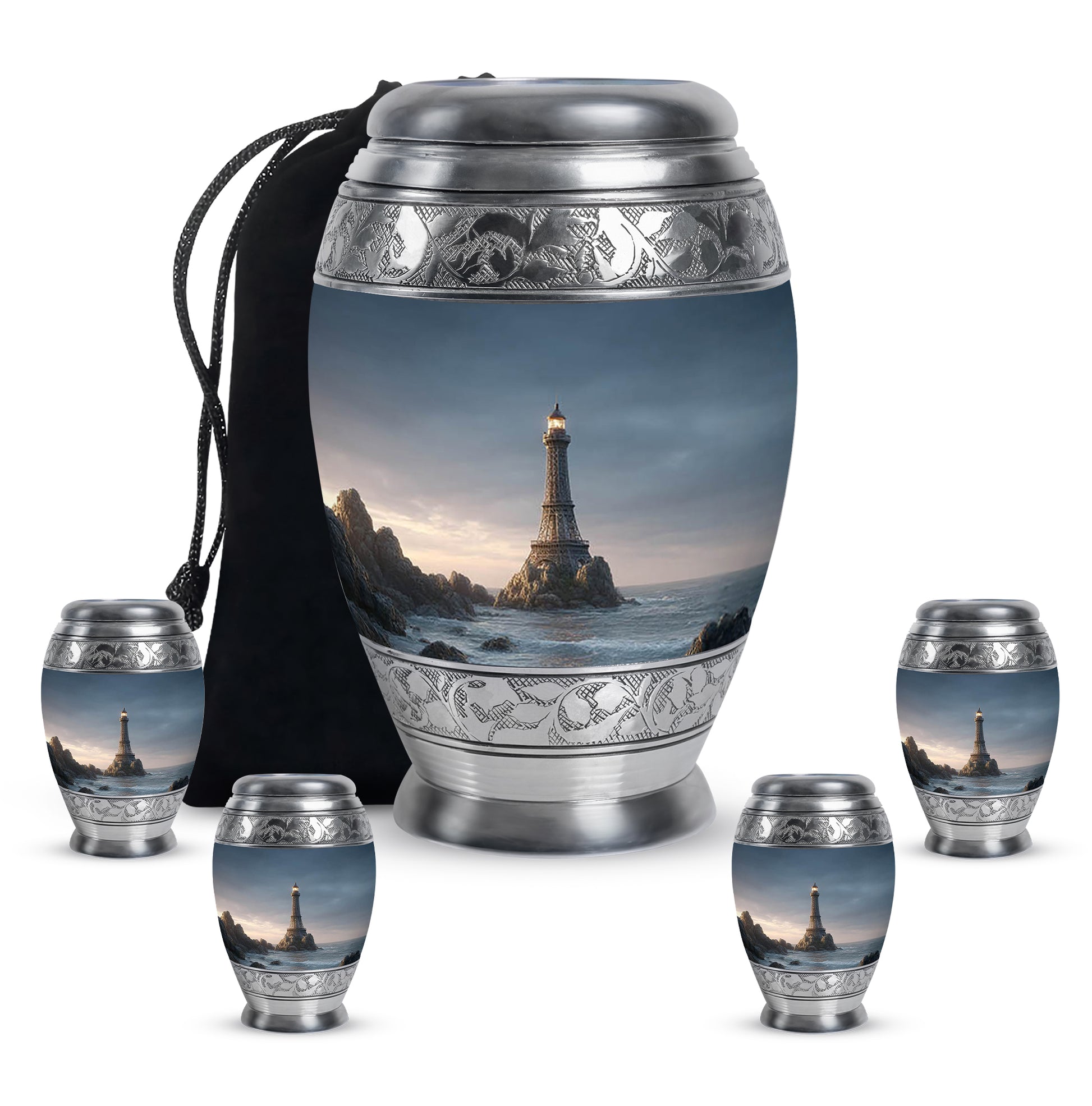Azure Eiffel Tower Cremation Urn detail view - regal eiffel tower design with crown-inspired accents - memorial set with one large and four small urns