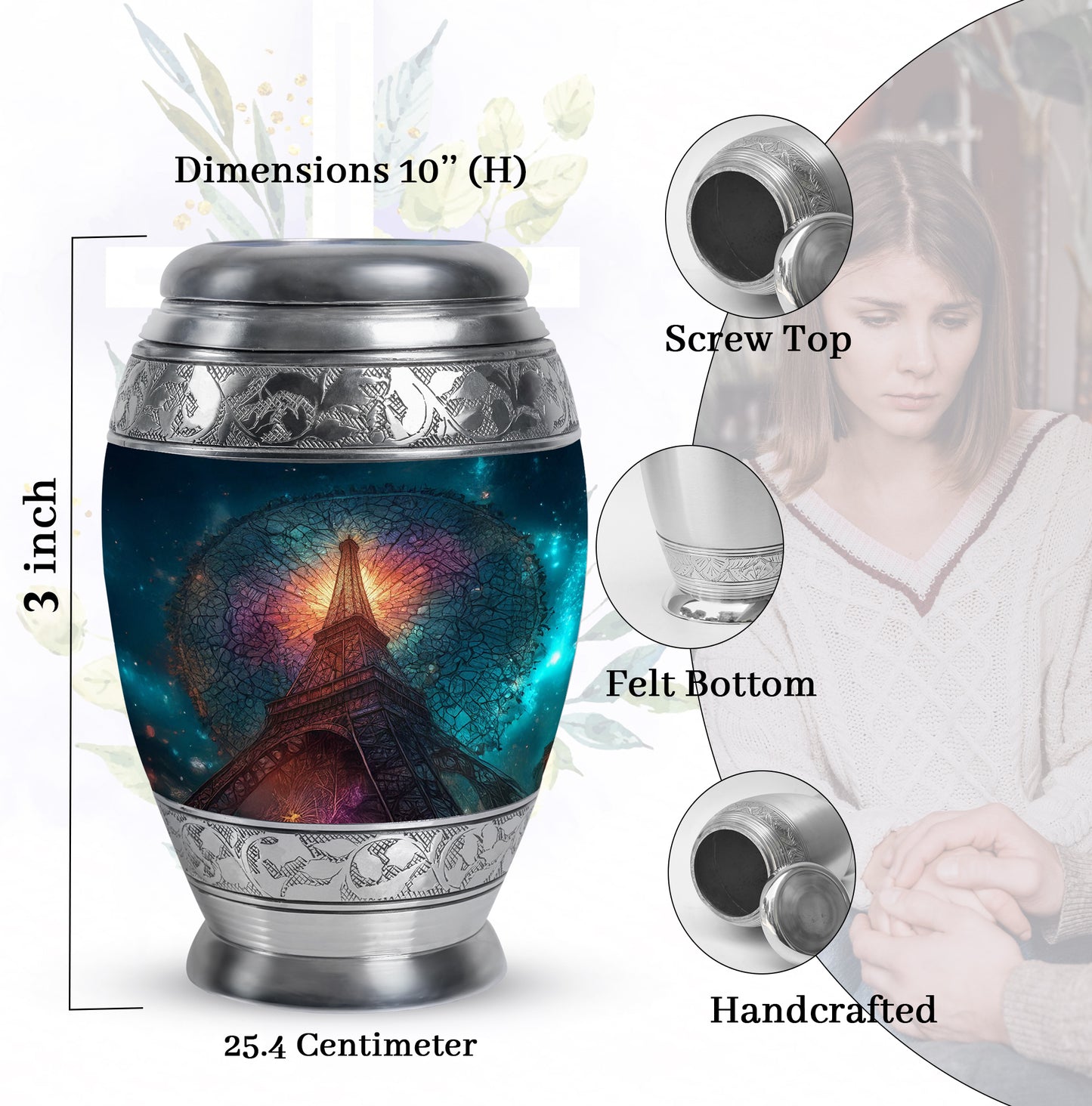 Calming Blue Eiffel Tower Cremation Urn lifestyle display on memorial shelf - majestic eiffel tower pattern with filigree border - mini keepsake memorial for portion of cremation ashes