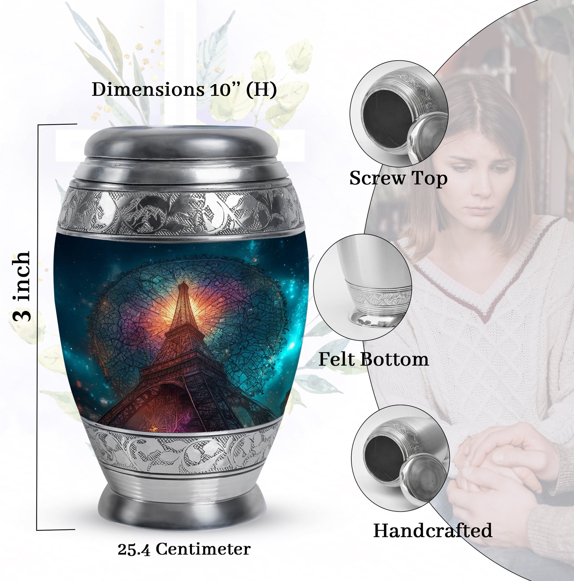 Calming Blue Eiffel Tower Cremation Urn lifestyle display on memorial shelf - majestic eiffel tower pattern with filigree border - mini keepsake memorial for portion of cremation ashes