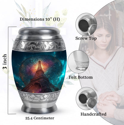 Calming Blue Eiffel Tower Cremation Urn lifestyle display on memorial shelf - majestic eiffel tower pattern with filigree border - mini keepsake memorial for portion of cremation ashes