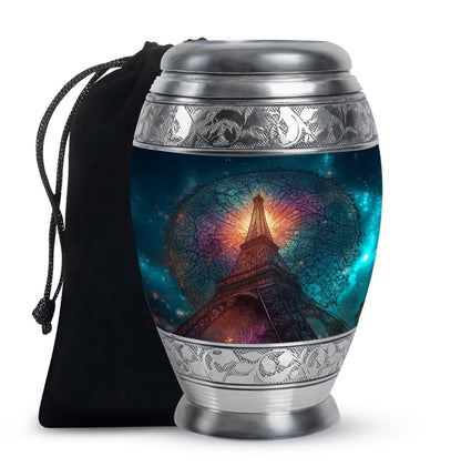 Dusty Blue Eiffel Tower Cremation Urn back view with polished surface - regal eiffel tower design with crown-inspired accents - full-size 10 inch 200 cubic inch adult cremation urn