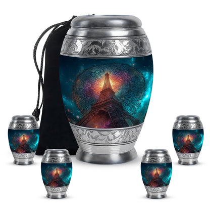 Bright Blue Eiffel Tower Cremation Urn detail view - royal eiffel tower engraving with decorative scrollwork - memorial set with one large and four small urns