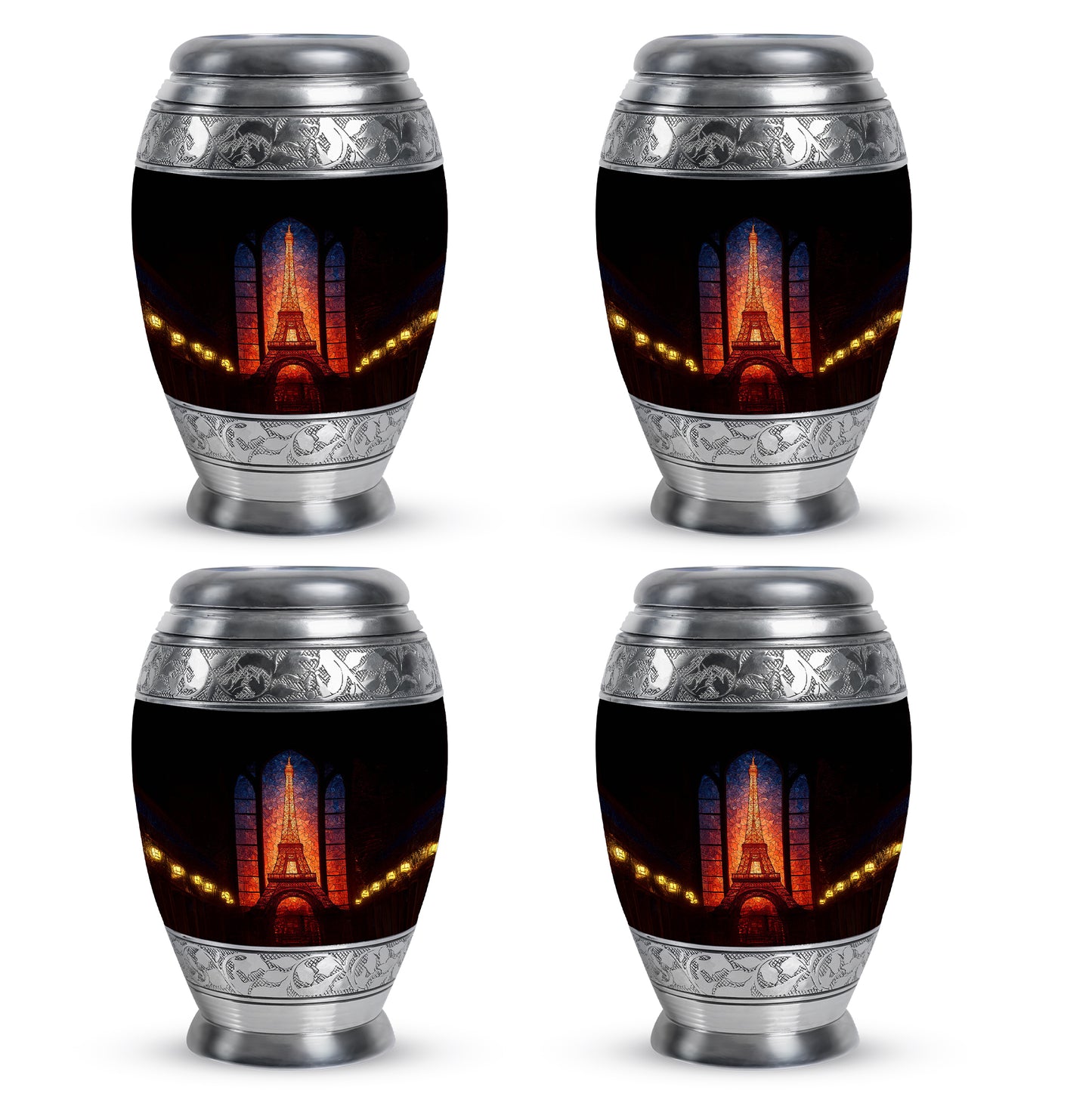 Dark Black Eiffel Tower Cremation Urn urn with complimentary velvet bag - majestic eiffel tower pattern with filigree border - 10 inch aluminum urn for cremated remains