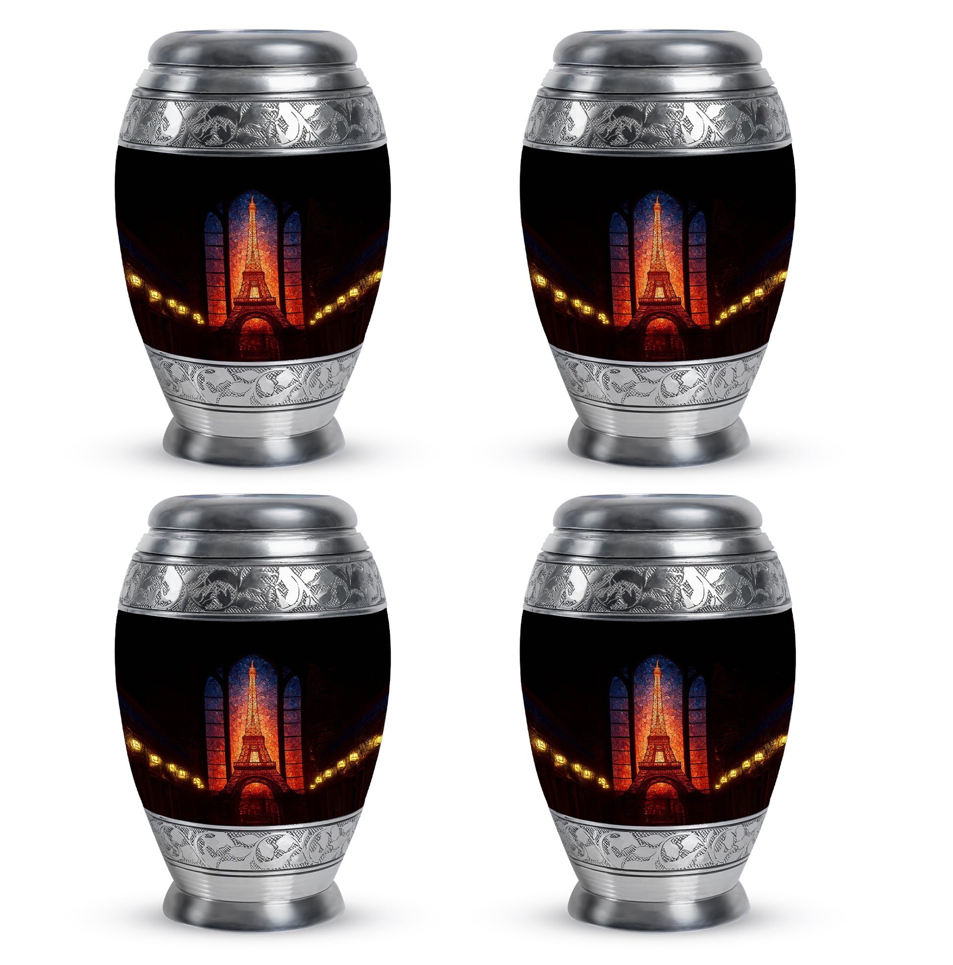 Dark Black Eiffel Tower Cremation Urn urn with complimentary velvet bag - majestic eiffel tower pattern with filigree border - 10 inch aluminum urn for cremated remains