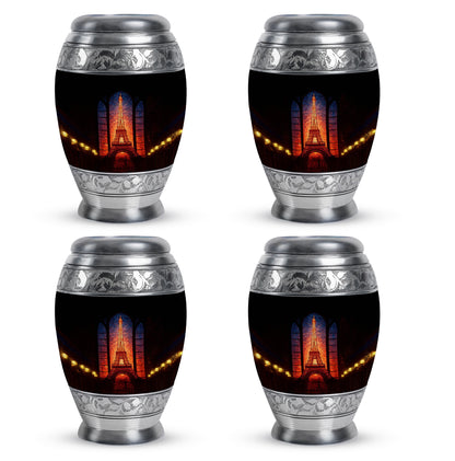 Dark Black Eiffel Tower Cremation Urn urn with complimentary velvet bag - majestic eiffel tower pattern with filigree border - 10 inch aluminum urn for cremated remains