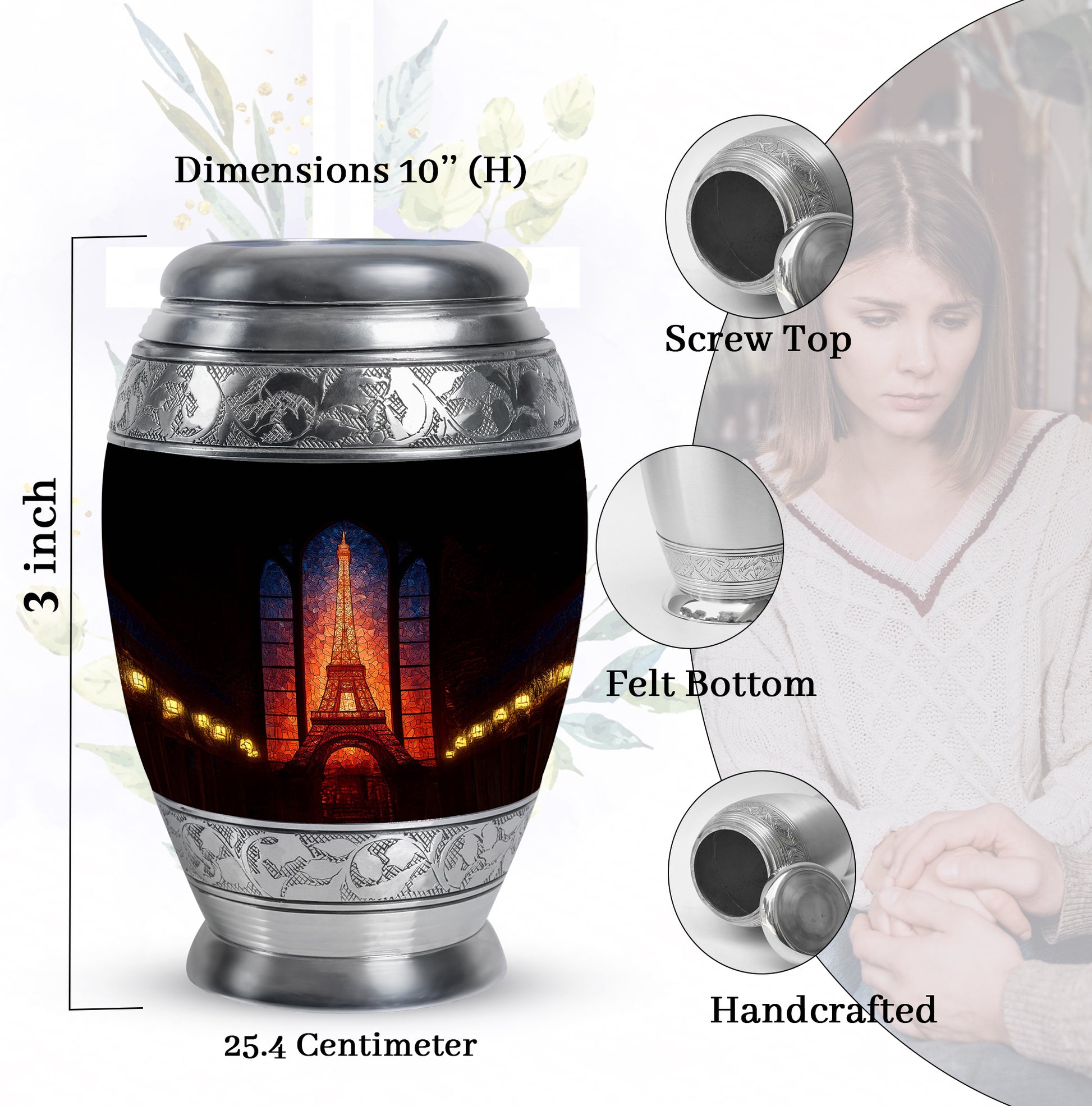 Midnight Black Eiffel Tower Cremation Urn lifestyle display on memorial shelf - royal eiffel tower engraving with decorative scrollwork - mini keepsake memorial for portion of cremation ashes