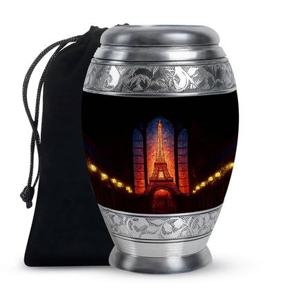 Rich Black Eiffel Tower Cremation Urn back view with polished surface - regal eiffel tower design with crown-inspired accents - full-size 10 inch 200 cubic inch adult cremation urn