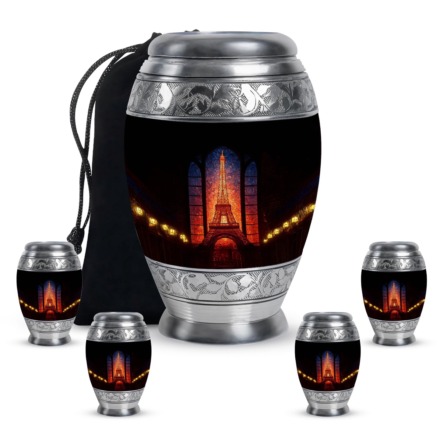 Onyx Black Eiffel Tower Cremation Urn detail view - royal eiffel tower engraving with decorative scrollwork - memorial set with one large and four small urns