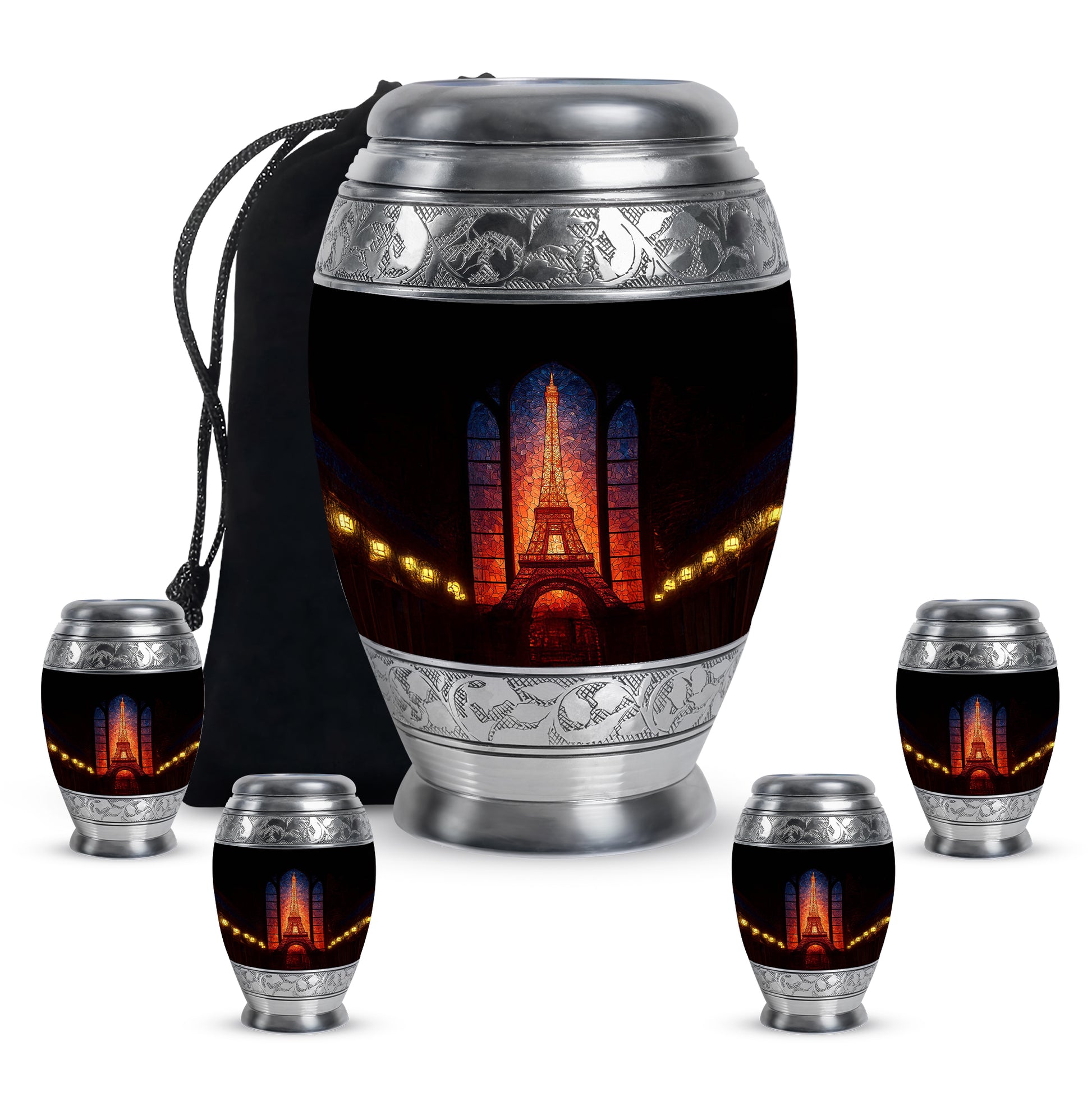 Onyx Black Eiffel Tower Cremation Urn detail view - royal eiffel tower engraving with decorative scrollwork - memorial set with one large and four small urns
