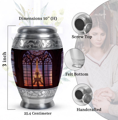 Rich Black Eiffel Tower Cremation Urn lifestyle display on memorial shelf - regal eiffel tower design with crown-inspired accents - mini keepsake memorial for portion of cremation ashes
