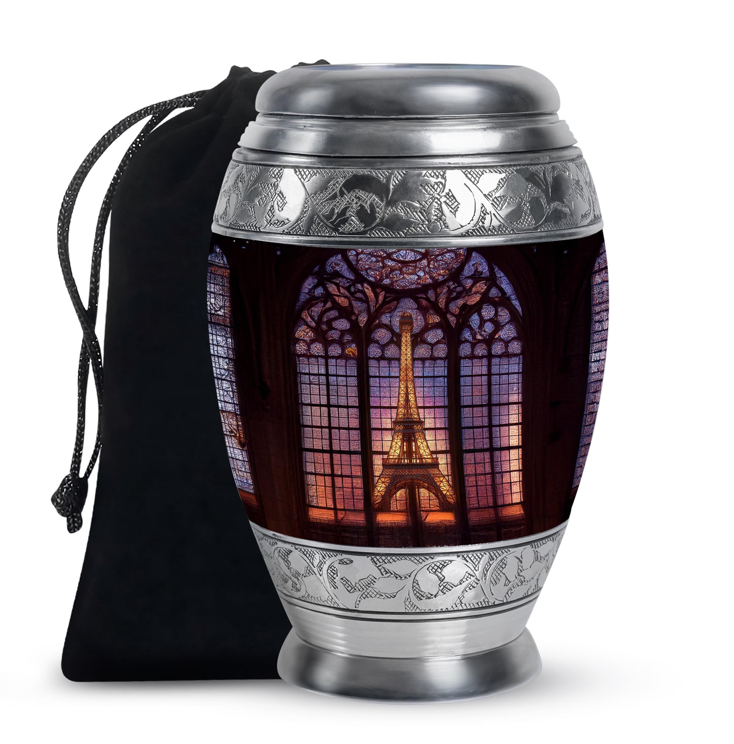 Charcoal Black Eiffel Tower Cremation Urn back view with polished surface - royal eiffel tower engraving with decorative scrollwork - full-size 10 inch 200 cubic inch adult cremation urn