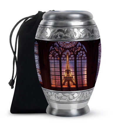 Charcoal Black Eiffel Tower Cremation Urn back view with polished surface - royal eiffel tower engraving with decorative scrollwork - full-size 10 inch 200 cubic inch adult cremation urn