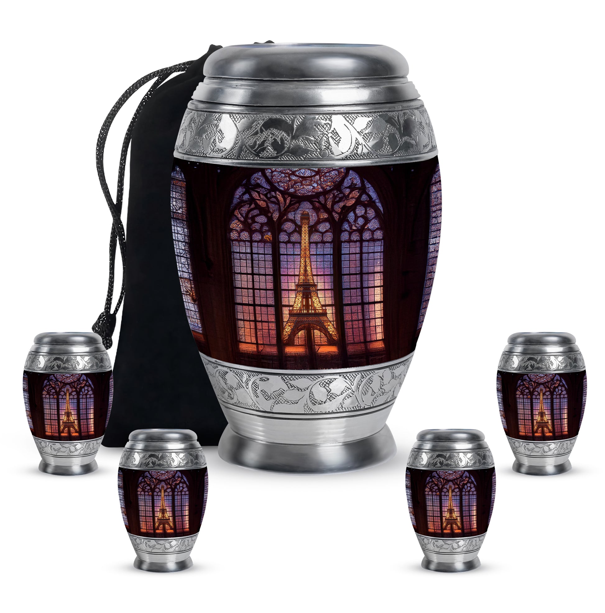 Jet Black Eiffel Tower Cremation Urn detail view - ornate monarch-style eiffel tower relief on brushed aluminum - memorial set with one large and four small urns