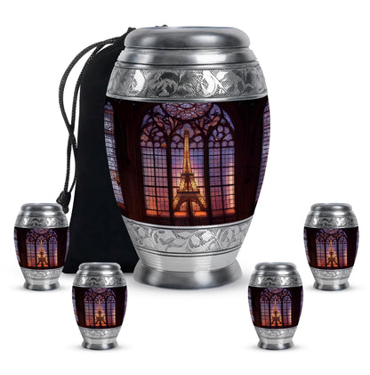 Jet Black Eiffel Tower Cremation Urn detail view - ornate monarch-style eiffel tower relief on brushed aluminum - memorial set with one large and four small urns