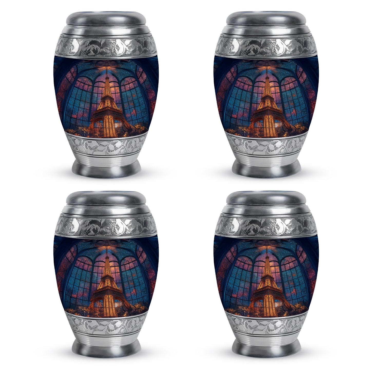 Celestial Blue Eiffel Tower Cremation Urn urn with complimentary velvet bag - ornate monarch-style eiffel tower relief on brushed aluminum - 10 inch aluminum urn for cremated remains
