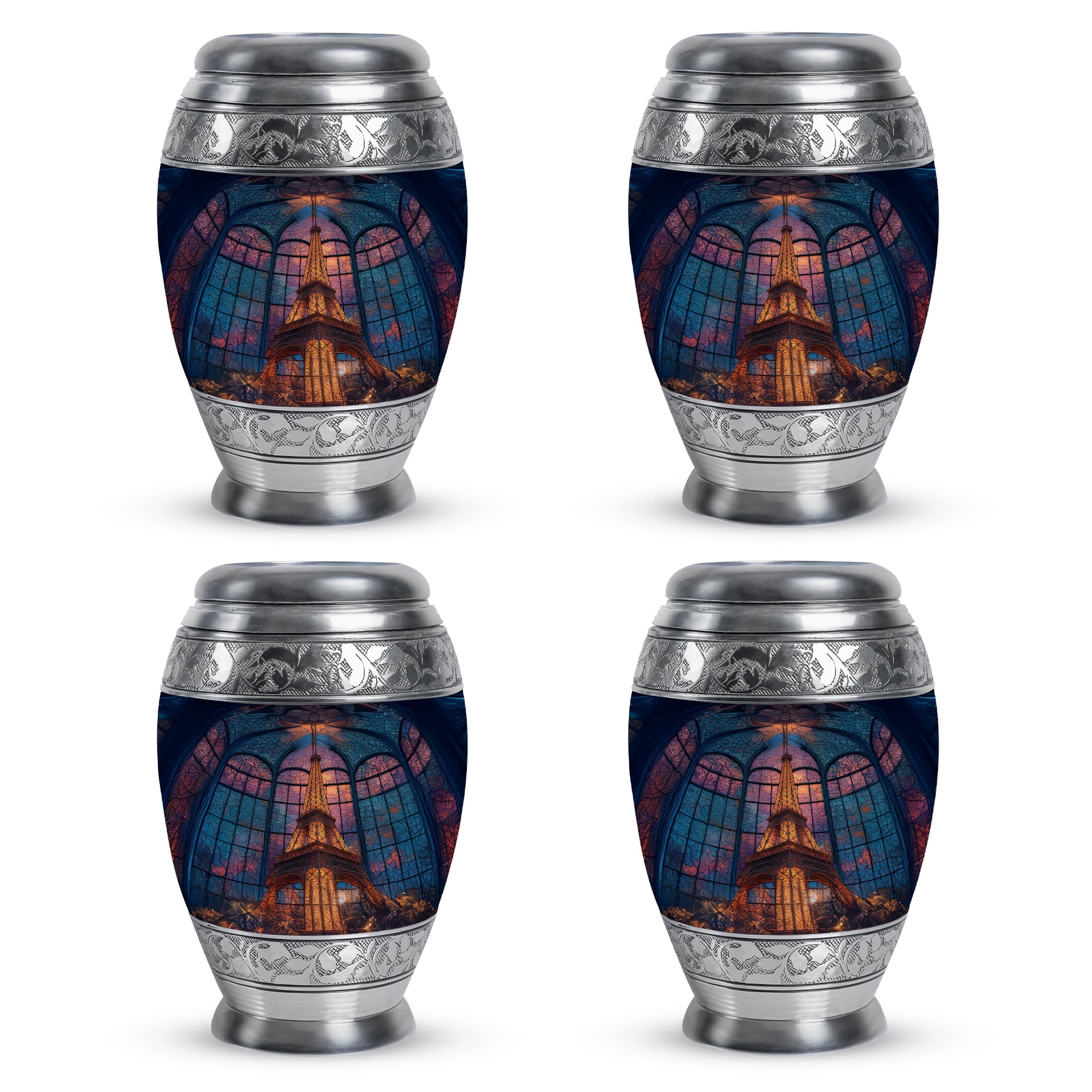 Celestial Blue Eiffel Tower Cremation Urn urn with complimentary velvet bag - ornate monarch-style eiffel tower relief on brushed aluminum - 10 inch aluminum urn for cremated remains