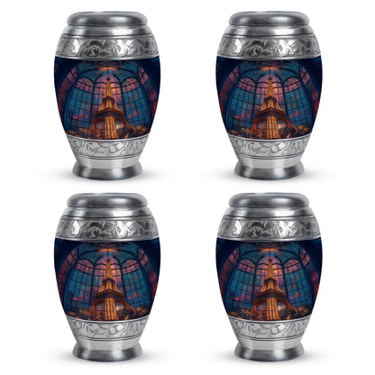 Celestial Blue Eiffel Tower Cremation Urn urn with complimentary velvet bag - ornate monarch-style eiffel tower relief on brushed aluminum - 10 inch aluminum urn for cremated remains