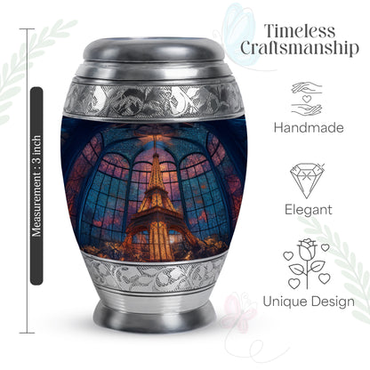 Cornflower Blue Eiffel Tower Cremation Urn lifestyle display on memorial shelf - majestic eiffel tower pattern with filigree border - mini keepsake memorial for portion of cremation ashes